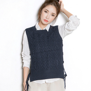 毛衣 小清新圆领宽松马甲背心短款绑带坎肩毛线 韩版学院风针织毛衣女