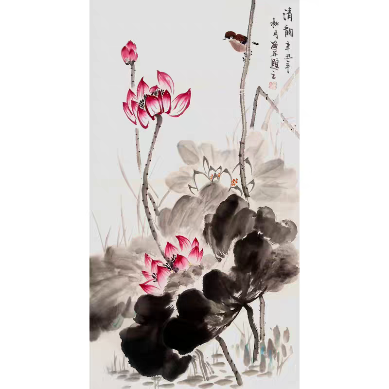 中国古美術・花卉図三尺画芯・朱軍印款・水墨彩色画・純手描き・文房・宣紙・带水印 中国古美術・花卉図三尺画芯・朱軍印款・水墨彩色画・純