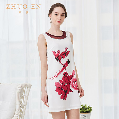 卓恩中年女装夏装无袖印花连衣裙圆领钉珠女裙修身显瘦妈妈装中裙_7折
