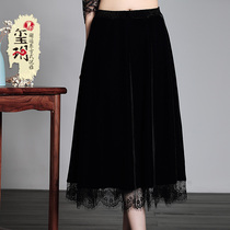 Spring and summer new retro silk lace stitching long skirt light Chinese velvet ladies big swing skirt