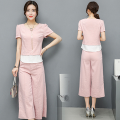 实拍2017夏装新款韩版棉麻时尚休闲套装女修身短袖两件套