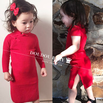 Chinese national style parent-child Girls Cheongsam autumn Dress Pure cotton girl girl red skirt year-old winter section