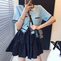 Korean chic niche retro crew neck contrast line short jacket top high waist ruffle skirt women