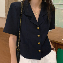 Korea chic summer retro simple lapel love button design loose casual short-sleeved blazer for women