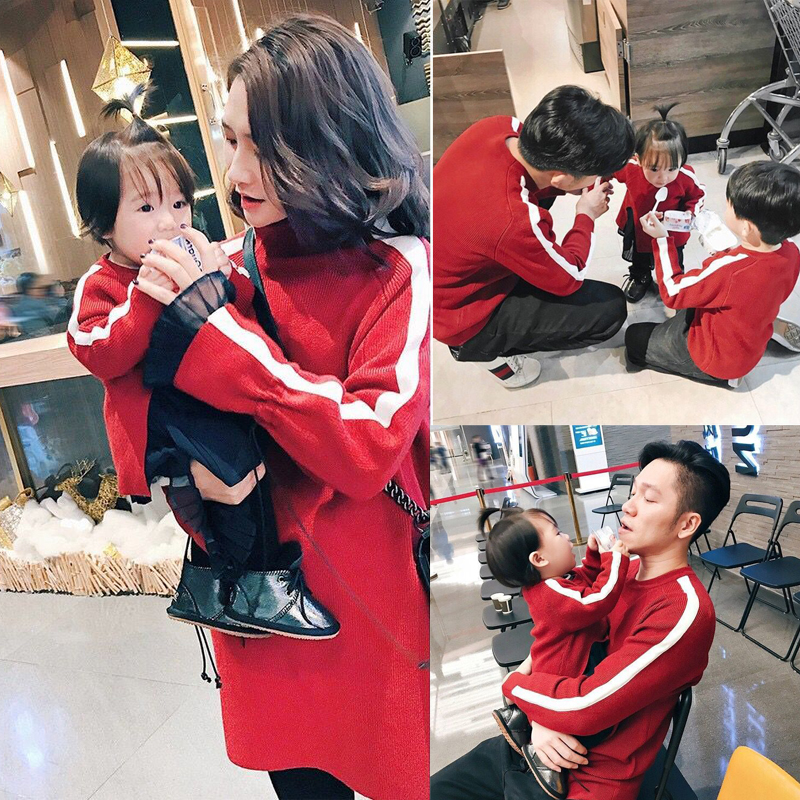 2021 Winter new pro-dress New Year's red sweater family of three quad family dress with female skirt-knitted sweatshirt