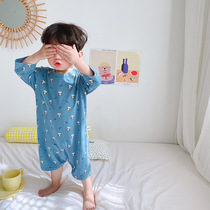 Childrens one-piece pajamas summer mid-sleeve male baby cotton home clothes air conditioning clothes Baby girl belly climbing clothes thin section