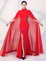 Temperament shape clothing cheongsam female high collar Middle sleeve slim long 2020 catwalk performance elegant elegant big cloak