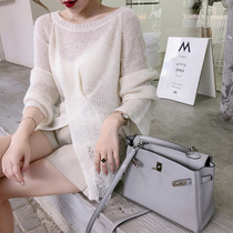 Early autumn flared sleeves white mohair sweater womens pullover thin blouse womens lazy wind split hole sweater