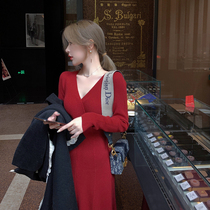 ByYou winter new sexy red V-neck rabbit velvet knitted dress female design sense waist wrinkled mid-length skirt