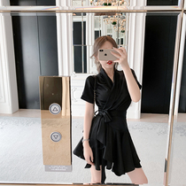 Byyou 2019 summer shirt satin black v-neck dress waist thin high-end temperament irregular short skirt