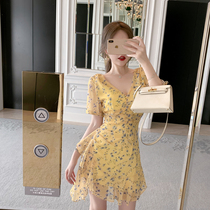 ByYou summer yellow floral chiffon dress female new temperament V-neck high waist thin irregular skirt
