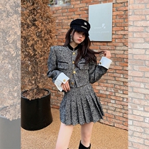 Retro small fragrant style short color slim coat high waist pleated skirt two-piece womens winter fashion set tide