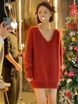 Christmas red sweater womens autumn and winter lazy wind loose wear long thick Foreign style knitted top