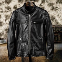 Pure first layer of cowhide leather leather leather men Harley locomotive clothing fashion tide stand collar can be added protective leather jacket