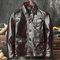 American retro RL leather leather jacket mens tide lapel short oil wax cowhide locomotive Japanese slim leather jacket