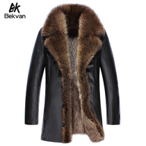 Big fur collar fur one-piece mens leather leather coat medium-long whole raccoon fur grass liner winter thick coat 3040