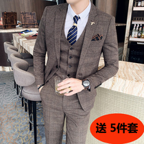 men's slim plaid three piece set men's casual suit Korean style trendy groom suit suit