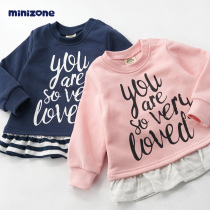 minizone baby sweater 1-3 years old female baby shoulder open buckle sweater dress Girls long sleeve skirt set head coat