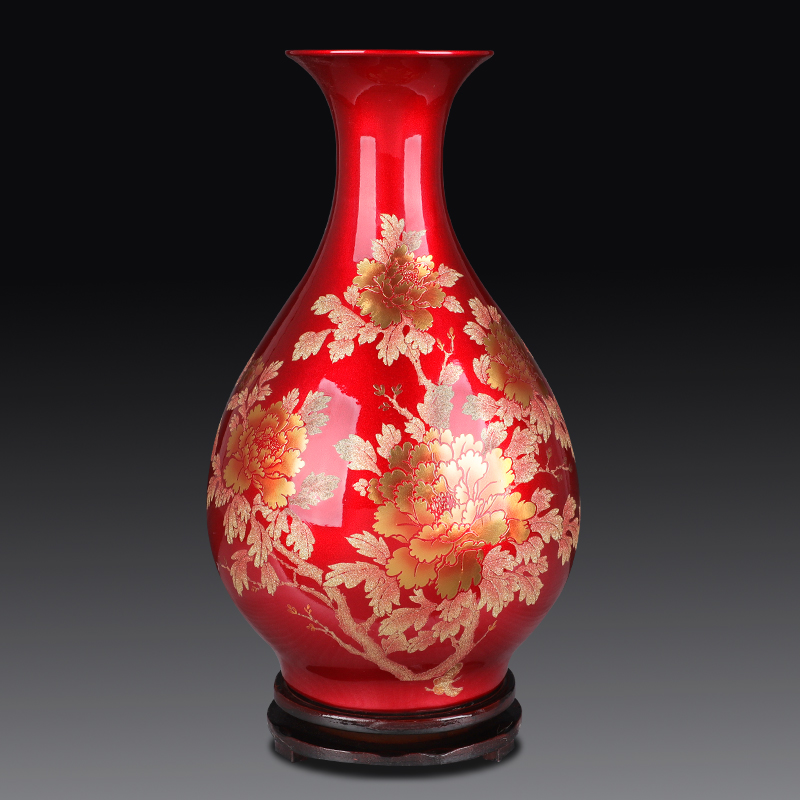 Crystal glazed pottery jingdezhen porcelain vase landing place, Chinese red flower arranging the sitting room of Chinese style wedding decoration