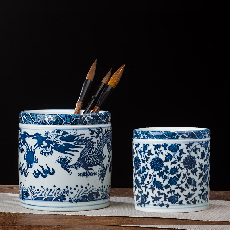 Jingdezhen ceramics small large blue pen container home office study adornment is placed on the the teacher students