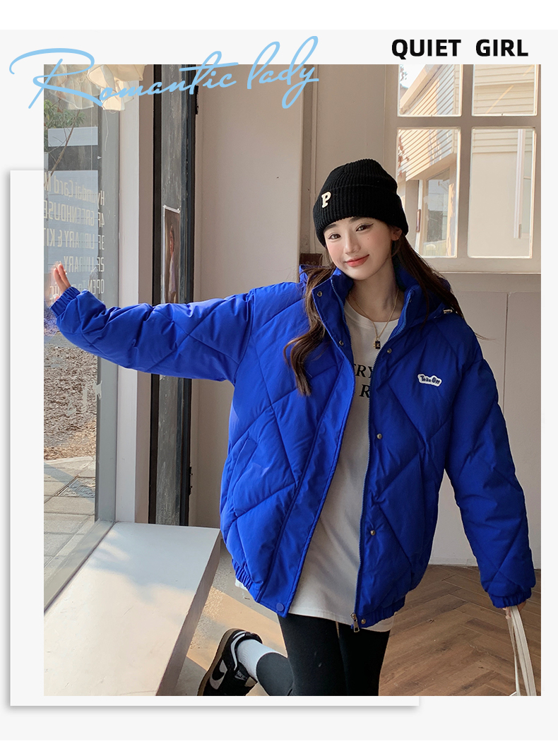 实拍忠犬小八同款日系羽绒服白女2022冬新款菱形格oversize棉外套