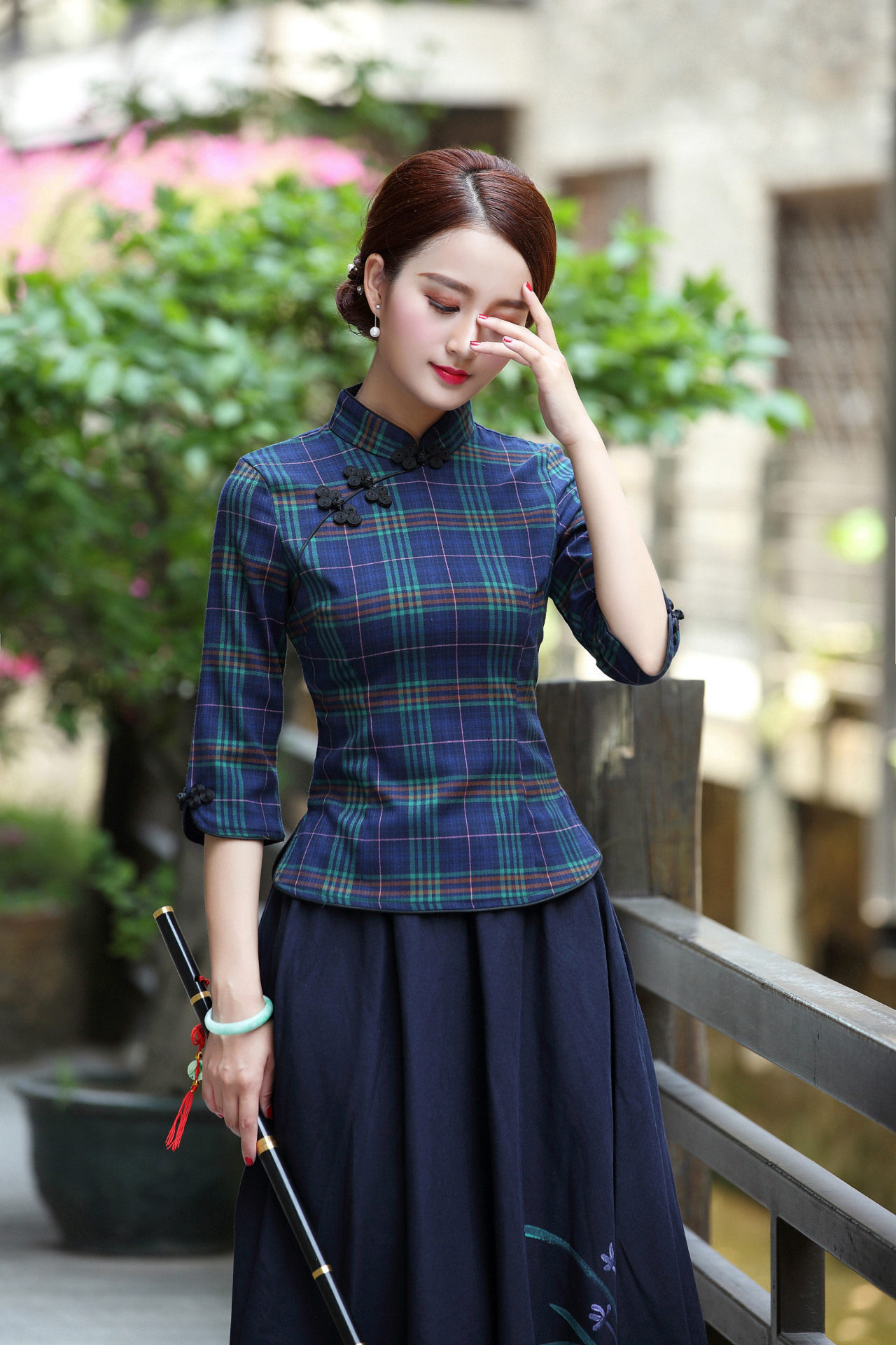 实拍2019新款春夏上衣民国风日常旗袍上衣格子纹修身旗袍