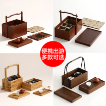 Bamboo woven suitcase Tea storage box Portable travel bamboo basket Outdoor tea set Tea tray set Chinese double-layer food box