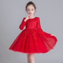 Spring and autumn winter baby girl Red princess dress children long sleeve puffy gauze dress