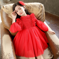 Girls red dress plus velvet thickened big childrens foreign princess dress spring and autumn baby puffy white gauze skirt