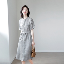 Japan Summer Elegant Governor Commute With Long single row Buttons Casual Short Sleeves Linen High Waist Thousands Birds Grunge Dress