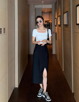 LOSTSOULS Korea high waist open fork half body dress 22 Summer medium long style slim temperament small black dress Hip Skirt