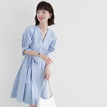 LOSTSOULS Japan 2021 Knowsexuality Art Van Commute High-order Style Cavity Tone Lacing V Collar Striped Dress Dress