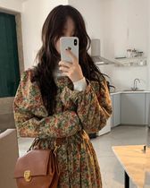 Korean chic autumn winter new small square collar temperament bubble sleeves 100 hitch snowspun flowers lacing to collect waist one-piece dress