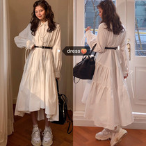 Ghost Horse Department Korean chic retro sweet beauty superfairy shirt strap POLO collar with a long line of dress and dresses