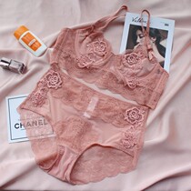 European and American big breasts for small underwear women light extravagant high-end big code Sexy embroidery clairvoyant bra ultra-thin bra suit