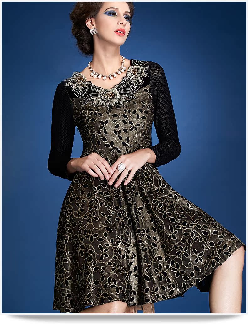 古贝莎2015春装新款气质a字大码高端品牌秋冬打底长袖蕾丝连衣裙