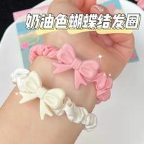 Cute Butterfly Knot Hair Ring Girl Heart Cream Hair Rope Mesh Red Ins Wind Small Leather Gluten Sweet Pink And Pink Leather Suit Woman