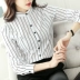 2019 mùa thu mới của phụ nữ Hàn Quốc sọc dọc đen và trắng Slim plus size áo dài tay áo sơ mi voan - Áo sơ mi dài tay Áo sơ mi dài tay