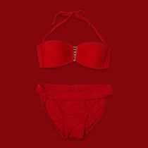 Bikini sexy three-point small chest gathered Korean version of ins swimming vacation hot spring thin retro swimsuit