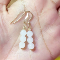 Natural Hetian Jade White Jade three round beads earring ear hook 6mm round bead 14K gold inlay