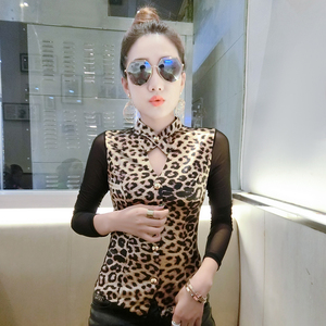 Heavy Work Women’s T-shirt Long-sleeved Mesh Leopard Patterns