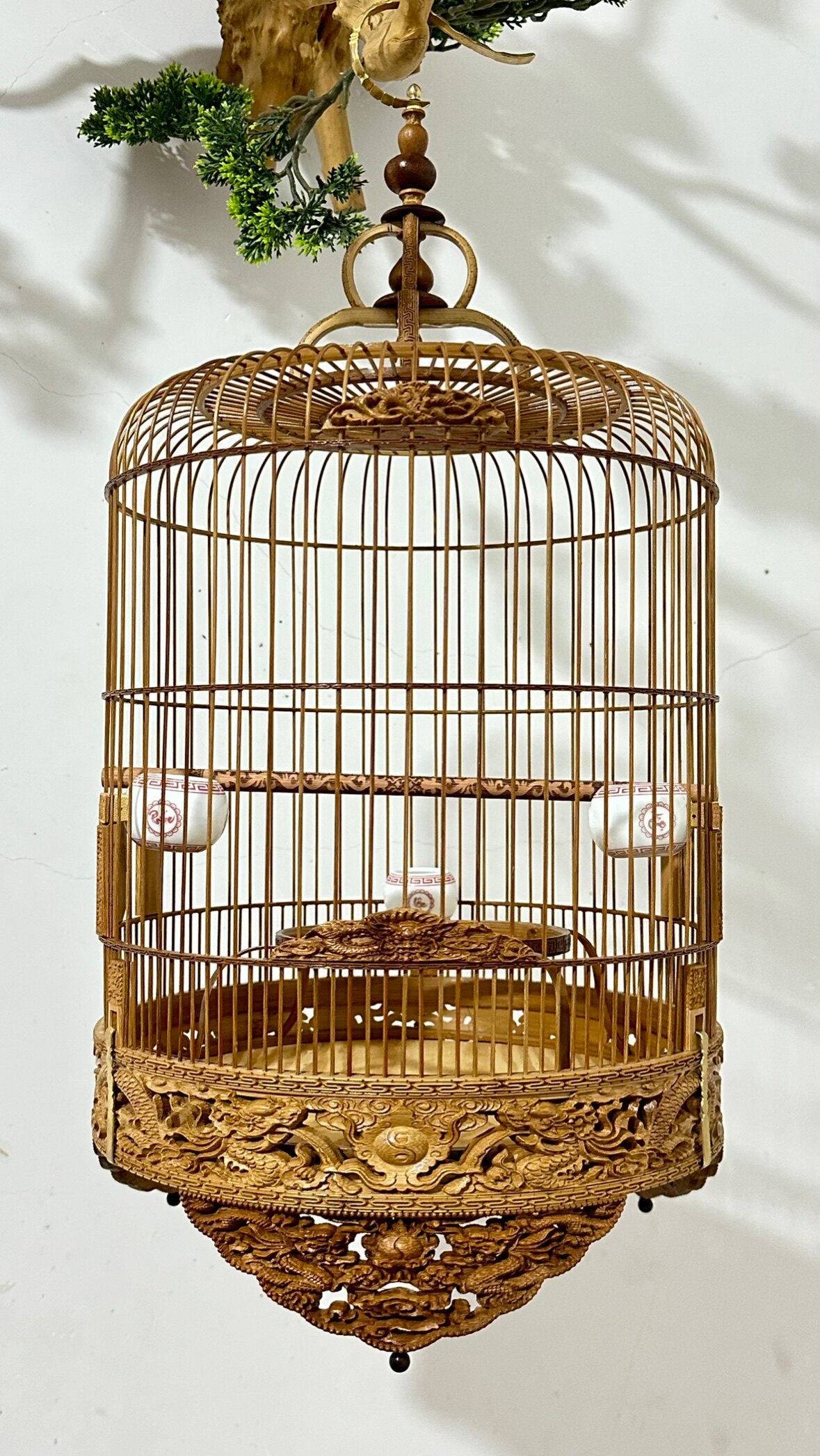 手工雕刻廣式繡眼太子竹製鳥籠小號黃藤金青相思鳥籠