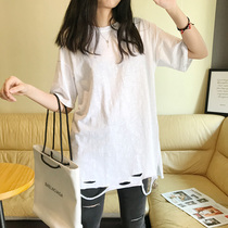 2022 new cotton loose crew neck white slub cotton wash water long hem hole t-shirt base shirt women