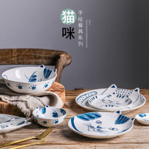 Japanese cat hand painted underglaze color tableware Ceramic fish plate dish plate Household salad bowl Girl breakfast bowl