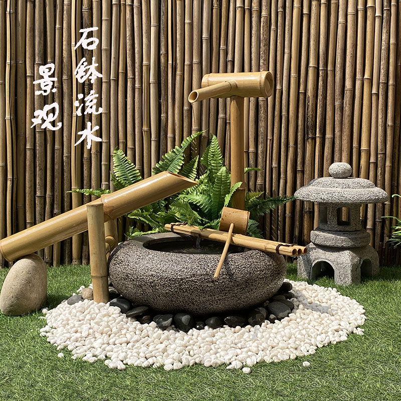 Japanese garden stone bowl flowing water feature stone lantern dry landscape frightened deer bamboo outdoor garden balcony Zen water bowl