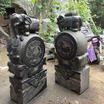 Stone carving blue stone antique gate town house Zhaocai gate pier stone drum stone elephant brave unicorn door ornaments