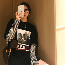 JSTYLE2020 chic fake two pieces retro poster letter print grind long sleeve stitching stripe T-shirt