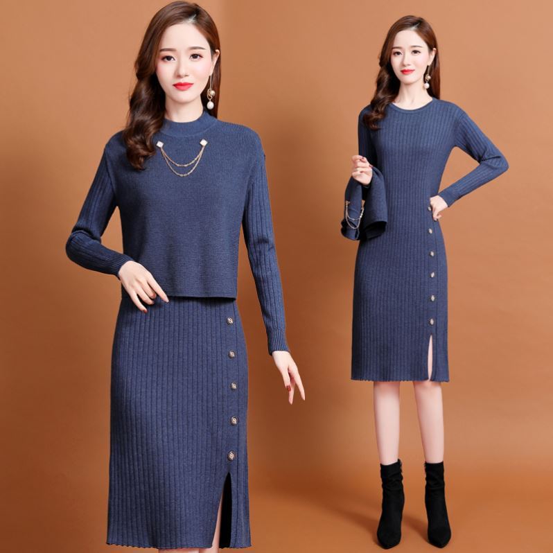 Knit Women's Clothing Winter Clothing Suit Foreign Dress Winter New Temperament Long Dress Sashimi Two Packs Hip Step Skirt