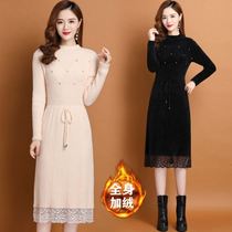 Imitation Water Mink Suede Plus Suede Thickened Knit Dress Dress Woman Autumn Winter New Lace Dressing Up with a large undercoat for a long skirt