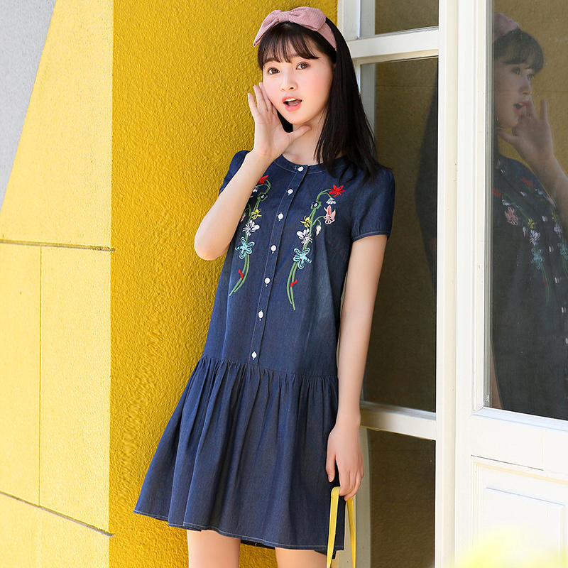 短袖连衣裙少女夏装胖大童女孩牛仔连体裙初中学生裙子新款薄165m_7折
